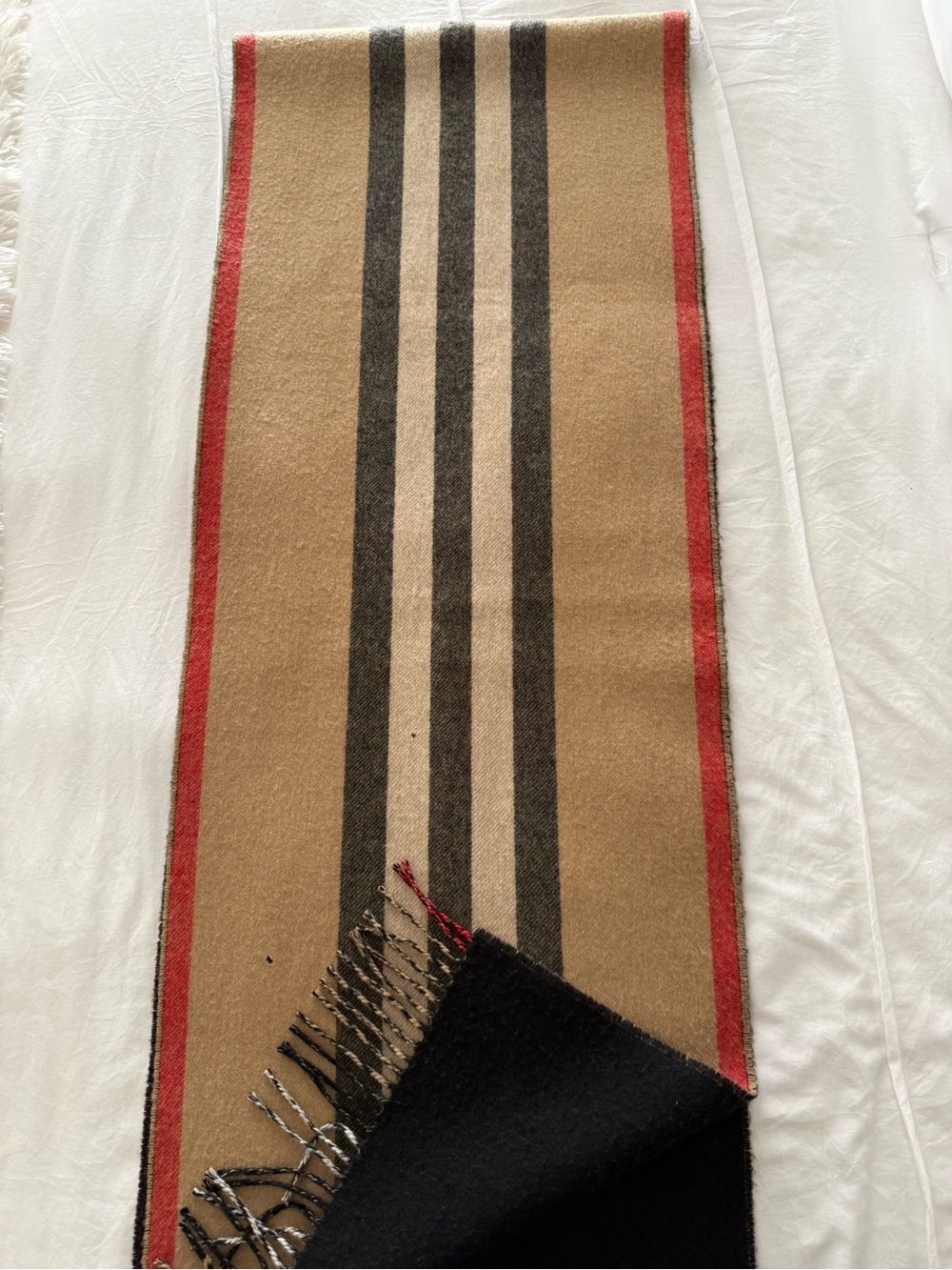 Burberry Camel Scarf with Black and Red Stripes